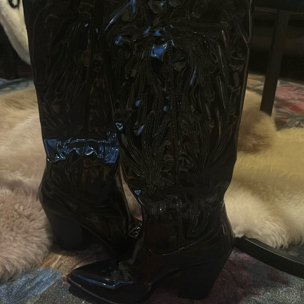Black faux paten leather cowboy boots